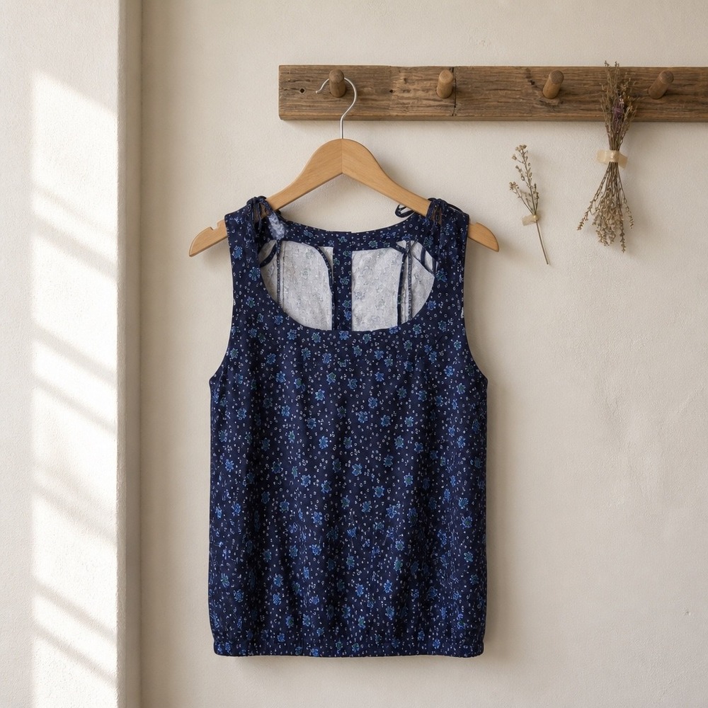Free People Navy Blue Floral Button Down Cami Tunic Top Cutout Back Medium